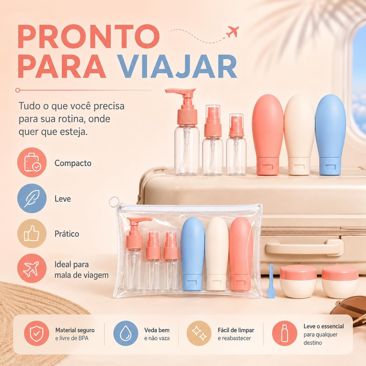 Kit Frascos Viagem 11 Peças Silicone Antivazamento Avião Necessaire