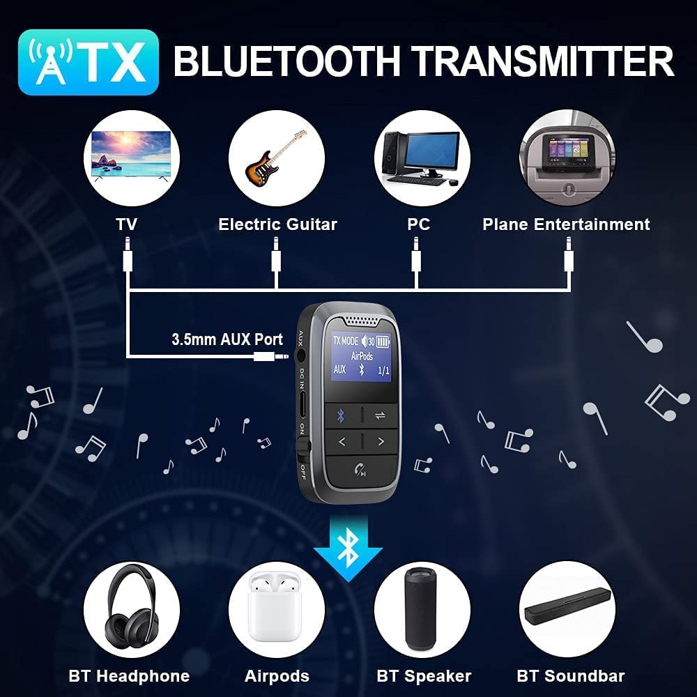 Adapter Bluetooth 2 w 1, odbiornik Bluetooth 5.0, z gniazdem 3,5 mm, z akumulatorem Aux, bezprzewodowy, z czasem pracy baterii 20 godzin do telewizora, słuchawek, samolotu, komputera