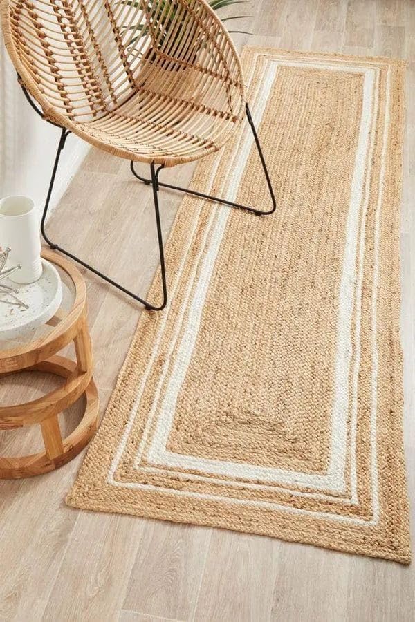 Image of Handmade Natural Jute Runner Rug for Hallway Living Room Kitchen Bedroom Floor Carpet (Beige + White Cotton, 2x4 Feet)