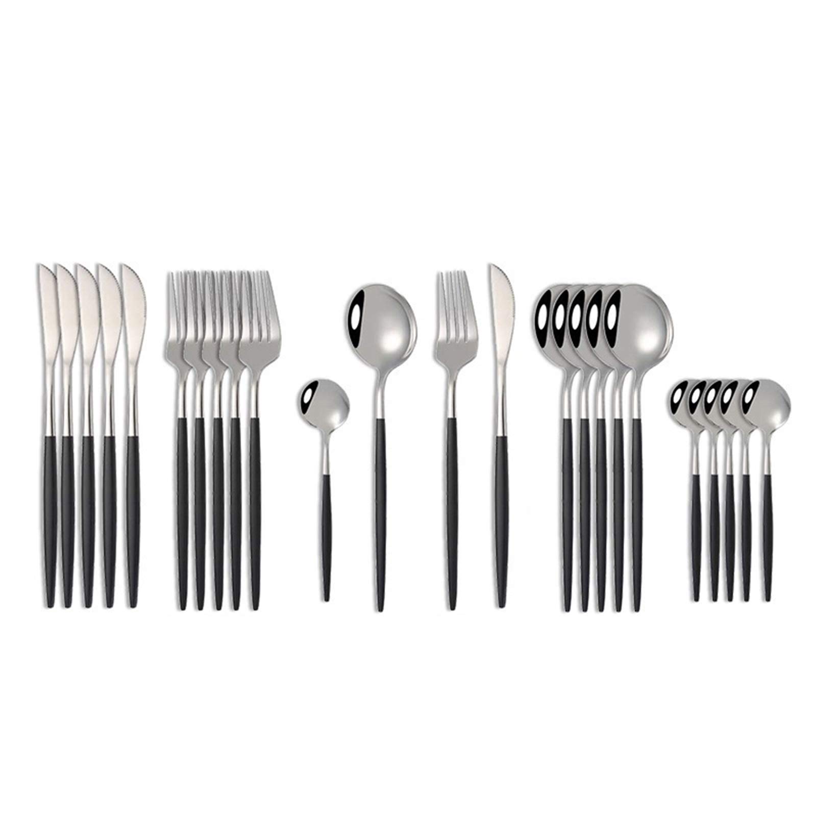 24pcs Couverts en acier inoxydable Vaisselle Cuisine Cutleri Fourchette Gold Ustensiles Durée Vaisselle Couteau Cuanture Cuillère pour dîner Coutellerie (Color : Black silver)