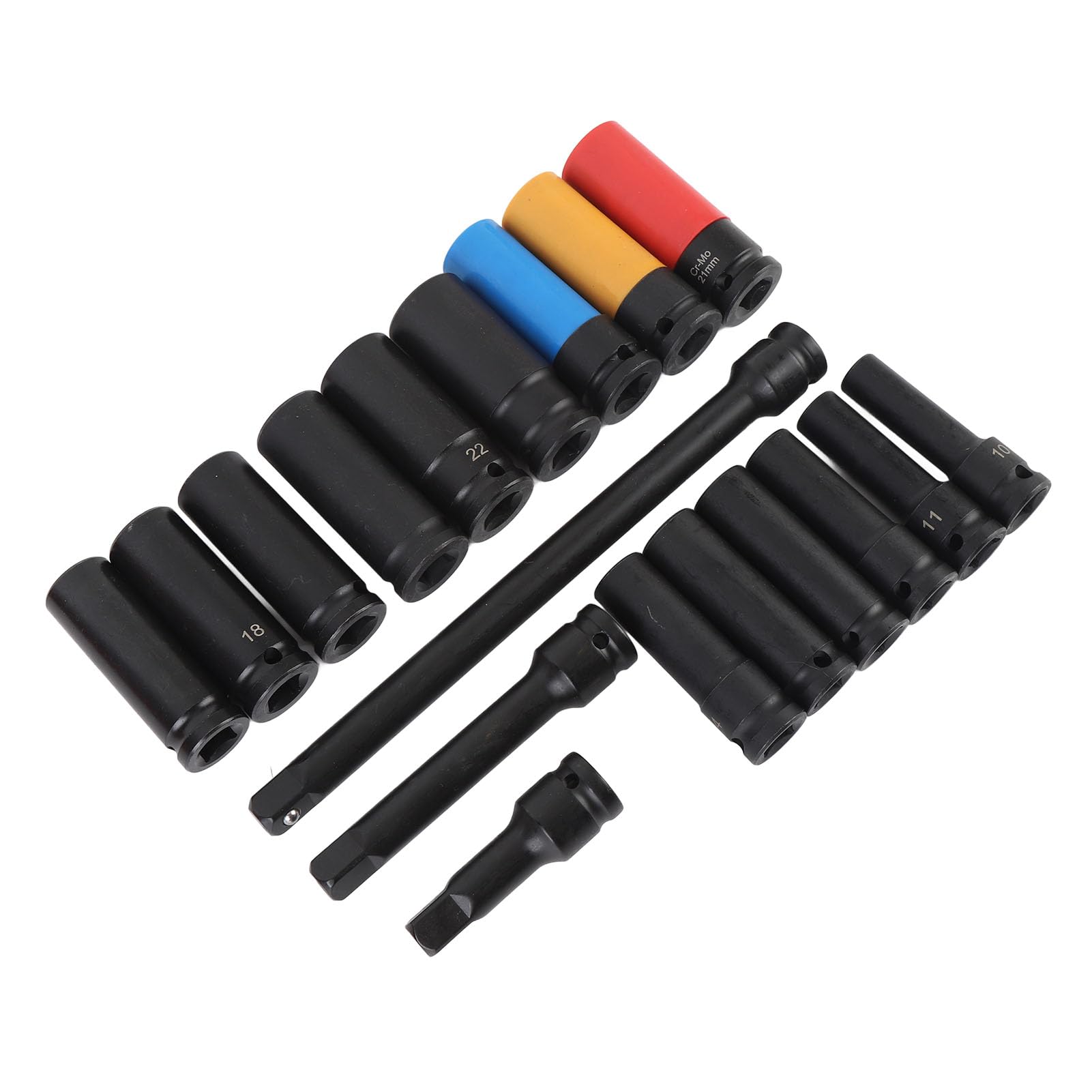 Drfeify 18 szt. 1 2-calowy Zestaw Nasadek Udarowych CRV Metryczny Zestaw Nasadek Udarowych 10 do 24 Mm 6-punktowy z Przedłużaczami 3 Cali 5 Cali 10 dla Mechaników Naprawy Samochodów