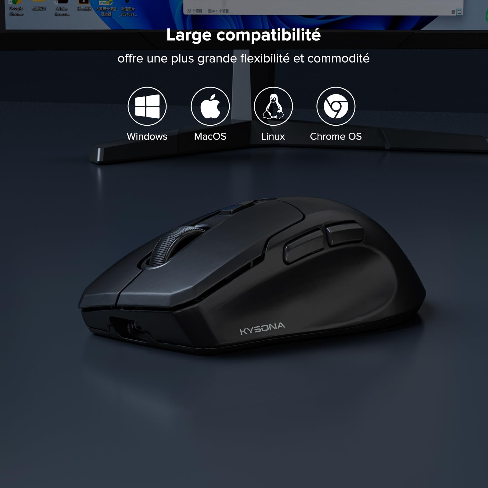 KYSONA Souris de Jeu sans Fil, 26 000 DPI, taux d’Interrogation 8K,2.4GHz/USB-C/Bluetooth, Design Ergonomique, Interface Web, revêtement refroidissant, Rechargeable,Noir