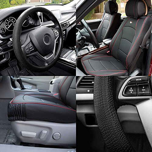 FH Group Ultra Comfort Highest Grade Faux Leather Seat Cushions for Front Set with Gift – Universal Fit for Cars Trucks & SUVs (Black Red Trim)