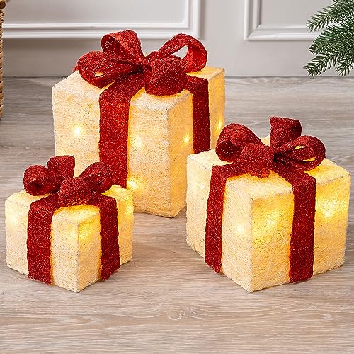 Image of Christow Light Up Parcels, Sisal, Cream & Red, Set of 3