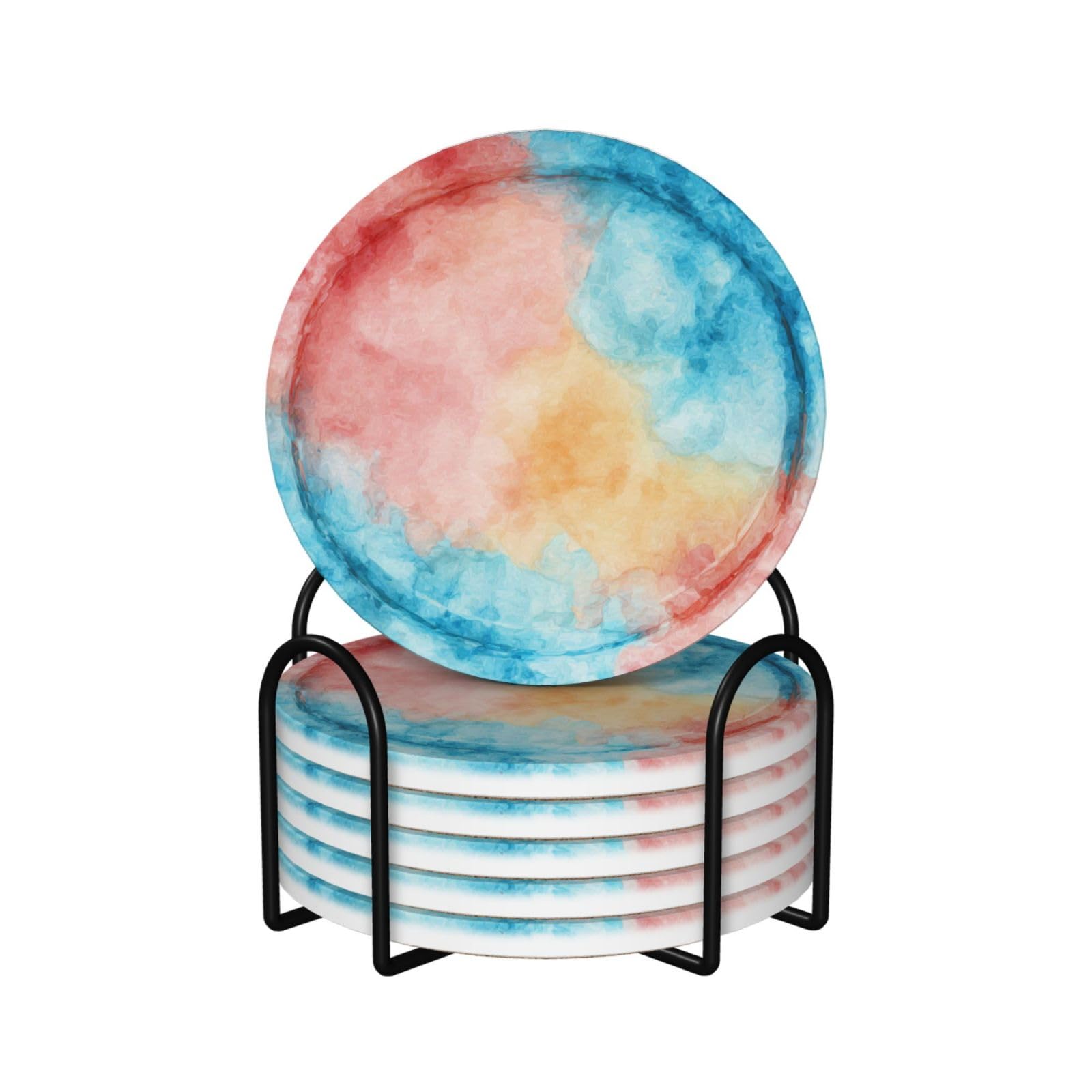 Plate in Watercolor Style Ceramic Coasters with Holder 6ps
