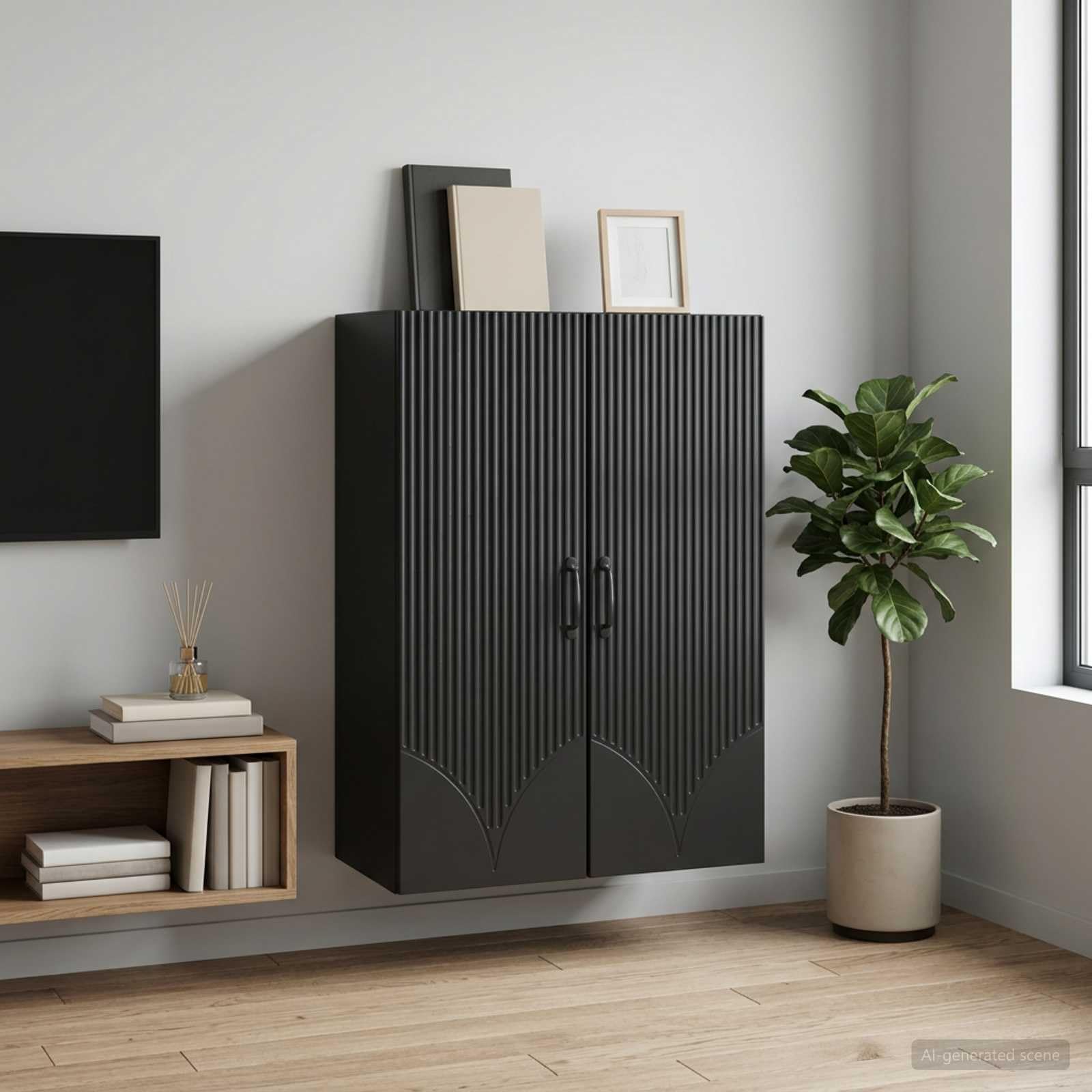 Armadio da parete in legno nero, 66 x 34,5 x 90 cm, 2 ante con serratura, per ufficio, soggiorno, corridoio, spazio e ordine
