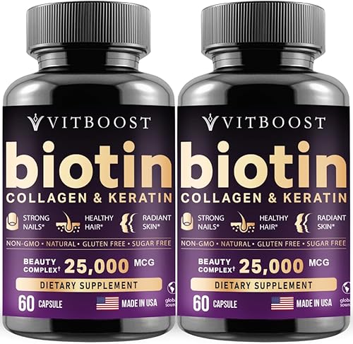 Miniatura 9 de VITBOOST Suplementos de biotina y colágeno de 25000 mcg - Fabricado en Estados Unidos - Mejorado con complejo B1, B2, B3, B6, B7 - Promueve uñas y