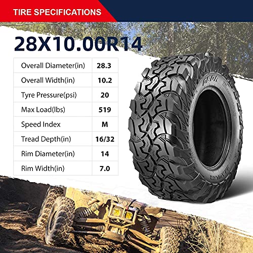 Image of Set of 2 OBOR Brawler UTV Tires 28x10R14, 10 Ply Front /Rear Radial for UTV SxS Side by Side Professional Tires (Tubeless, 2 Pack)