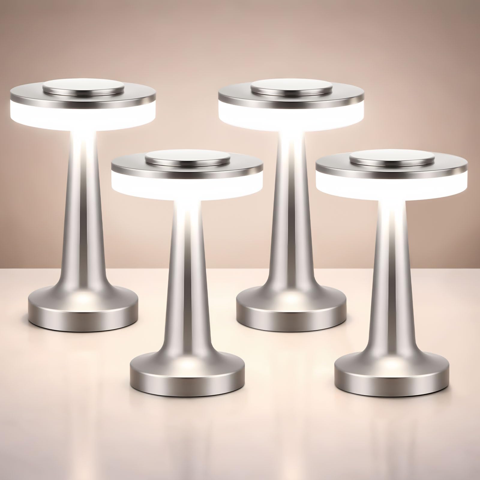 Photo 1 of Riakrum 4 Pcs LED Portable Cordless Table Lamp with Touch Sensor 3 Color Stepless Dimming Rechargeable Battery up to 15 Hours Cordless Table Light Wireless Lamp for Nursery (Silver,Modern)