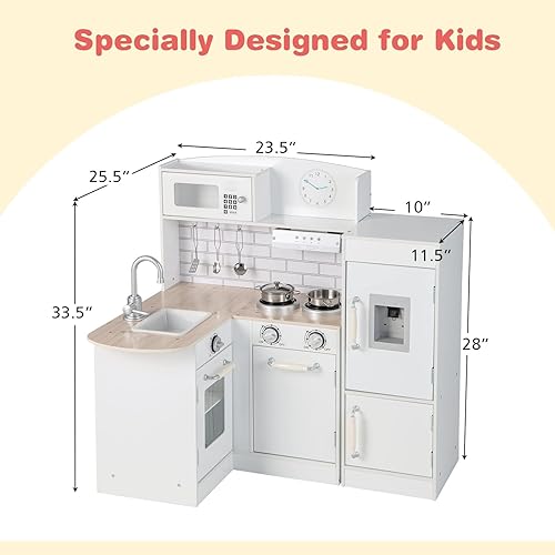 Miniatura 7 de HONEY JOY Juego de cocina esquinera para niños, cocina de madera para niños pequeños, dispensador de agua, microondas, campana extractora,