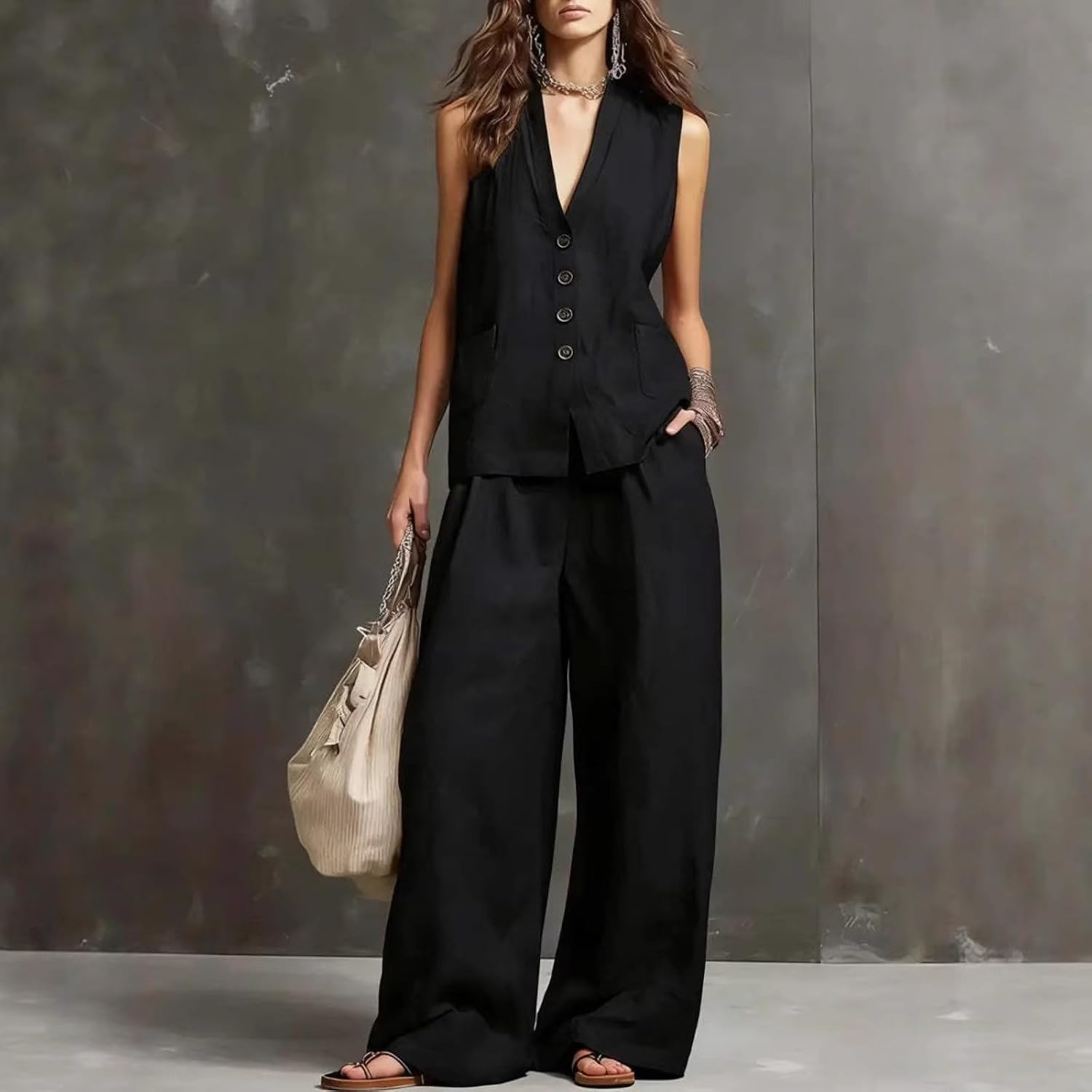 Women's Vest Top and Wide Leg Pants Linen Two Piece Set