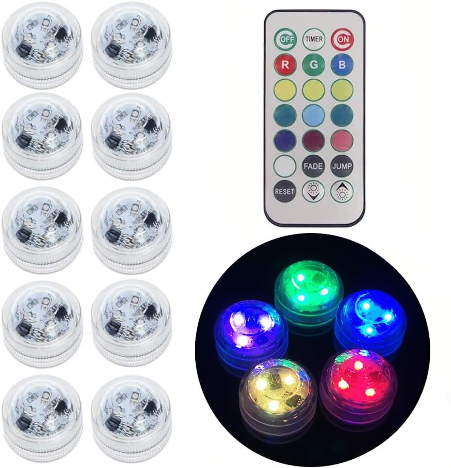 Anziner 10 Pack Small Submersible LED Lights with Remote and Timer,RGB Color Changing Waterproof Underwater LED Tea Lights，Pool Lights for Vase Fishtank Wedding Halloween Christmas Party Decoration