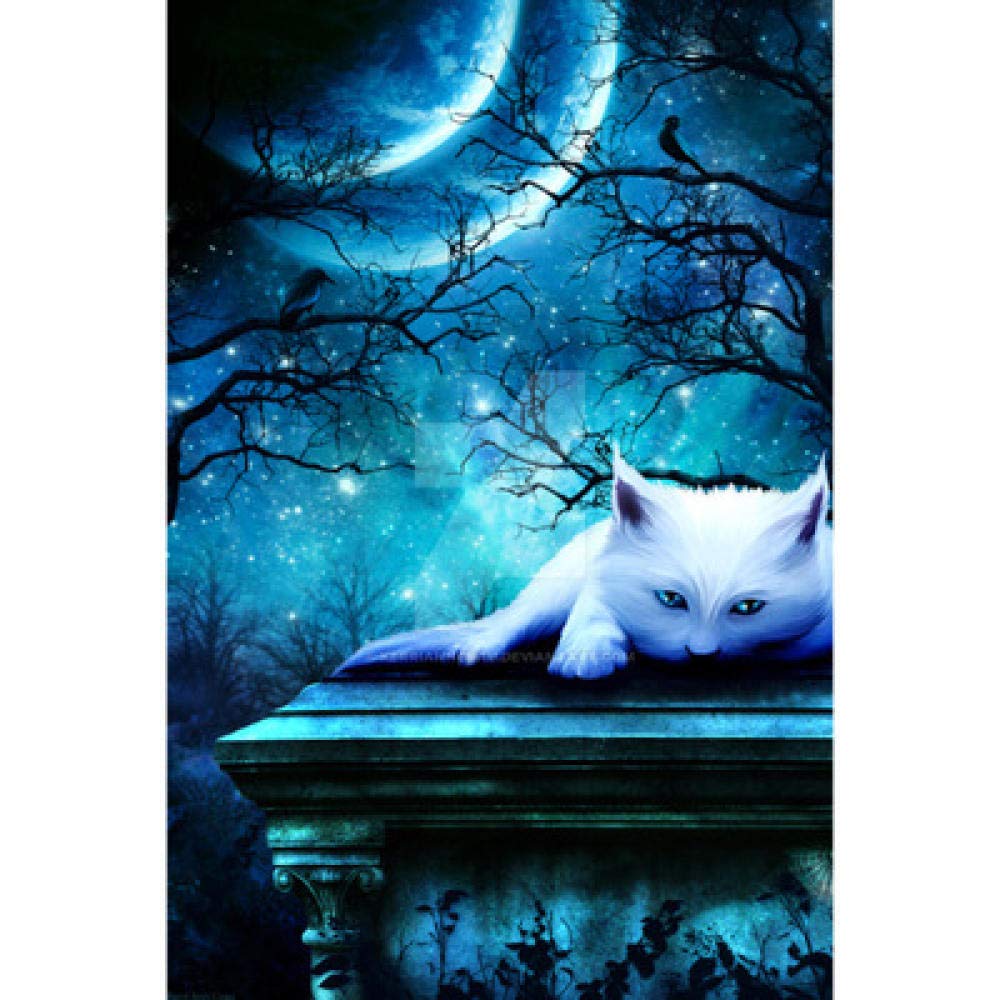 Broderie diamant point de croix bleu lune chat blanc kit mosaïque