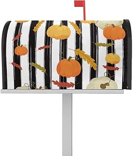 Mailbox Cover Magnetic Fall Pumpkin Harvest Black Stripe Mailbox Covers Standard Size 21x18in,Mailbox Covers Wrap Post Letter Box Cover for Garden Yard Outdoor Decor Thanksgiving Orange Fallen Leaves
