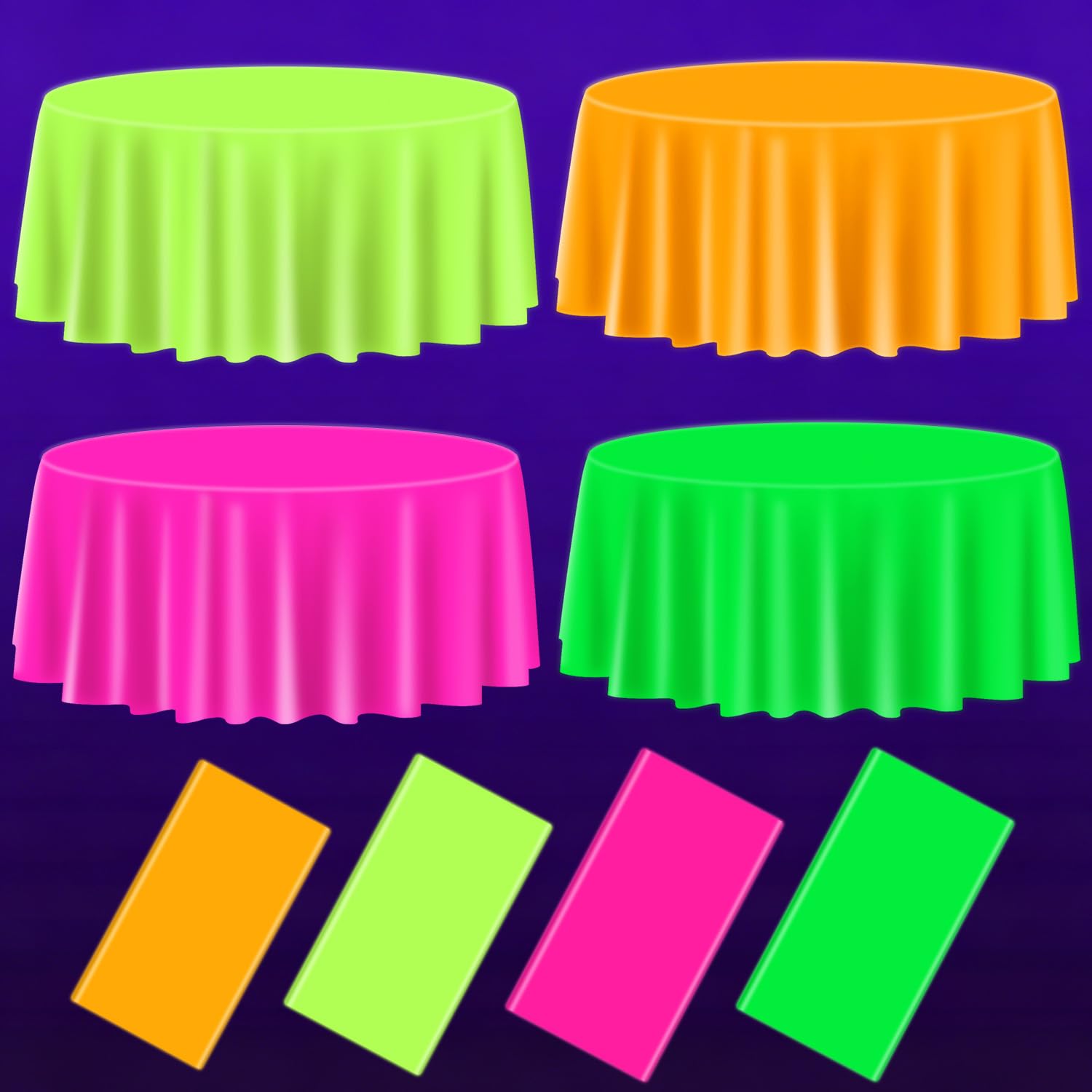 APUXXJUPA 4 Pcs Glow in The Dark Table Cloths, Round 80s 90s Let’s Glow Colorful Neon Tablecloths for Neon Birthday Party Decorations, 178 x 178 cm