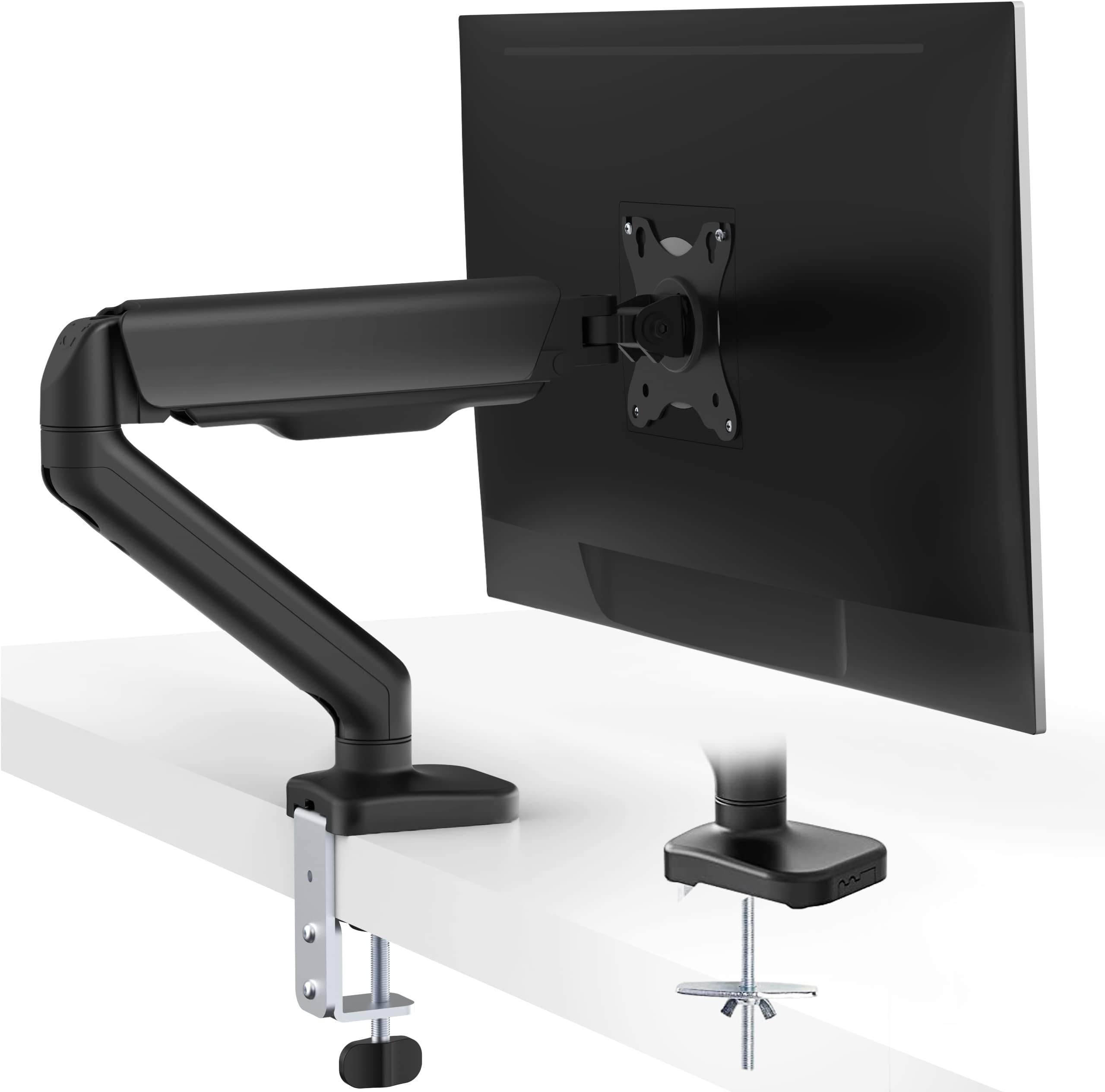 Single Monitor Desk Mount Stand - PUTORSEN Articulating Gas Spring Monitor Arm, Adjustable VESA Mount Desk Stand with Clamp and Grommet Base - Fits 17 to 27 Inch Computer Screens, Hold up to 14.3lbs