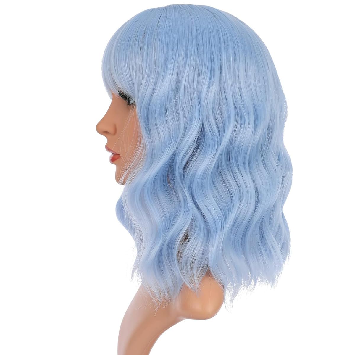  Light Blue Wig Short Bob Wig Short Blue Wigs for Women Curly Wavy Wig with Air Bangs Heat Resistant Synthetic Hair Wigs for Daily Use Cosplay Wig With Wig Cap thumbnail