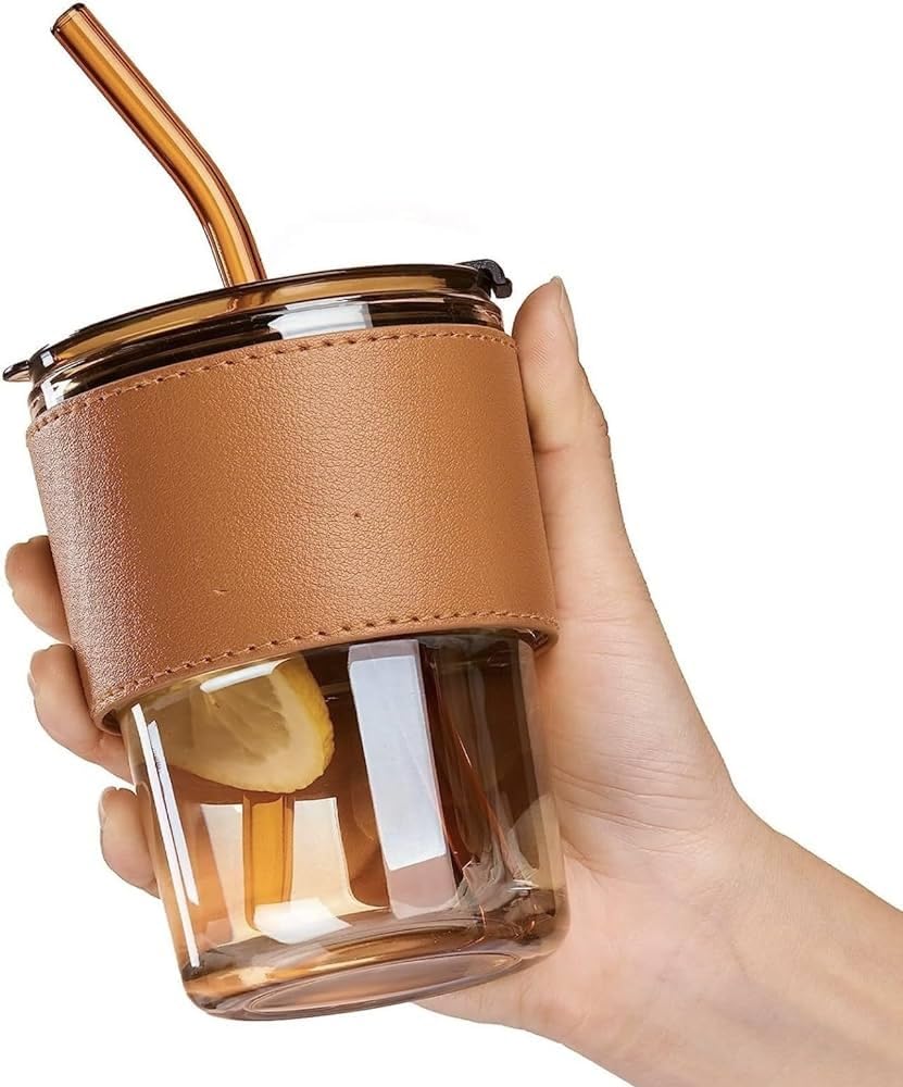 Leather Grip Coffee Cup Sipper Glass with Straw Mug Grip,Glass Bottle Straw for Adults Juice glassesTumbler Lid Anti-Skid Leather Sleeve Hot Cold Beverages Tea Smoothies Fruit Juice Travel