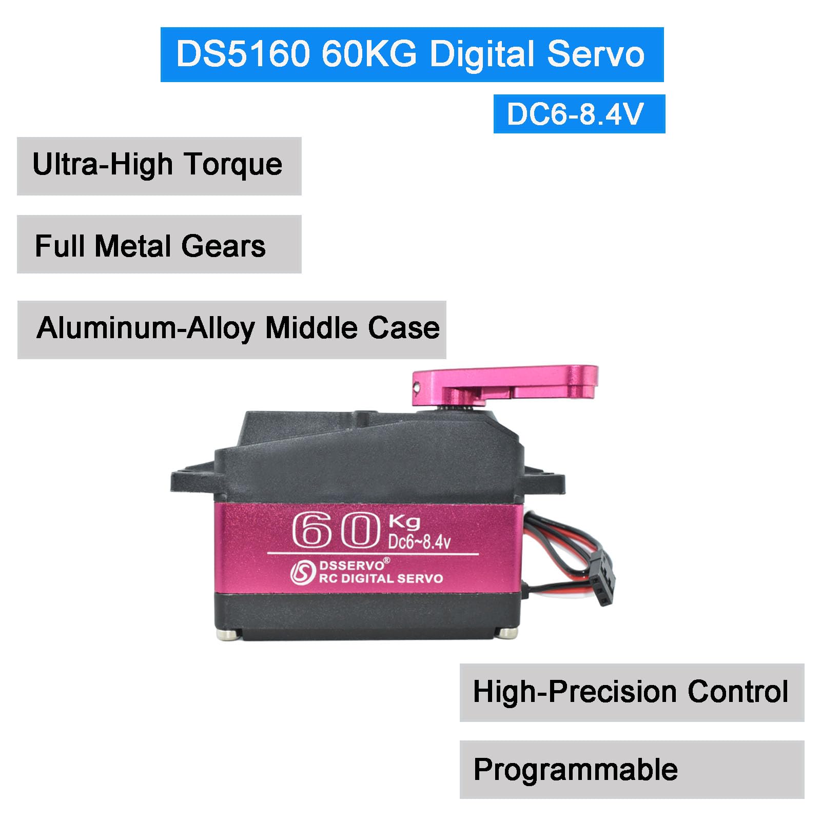 Servo digitale 60KG 6V-8.4V DS5160 Ingranaggio in acciaio inossidabile ad alta tensione Grande coppia ad alta velocità impermeabile RC Servo per 1/5 Baja Car Truck Buggy Progetti robotici