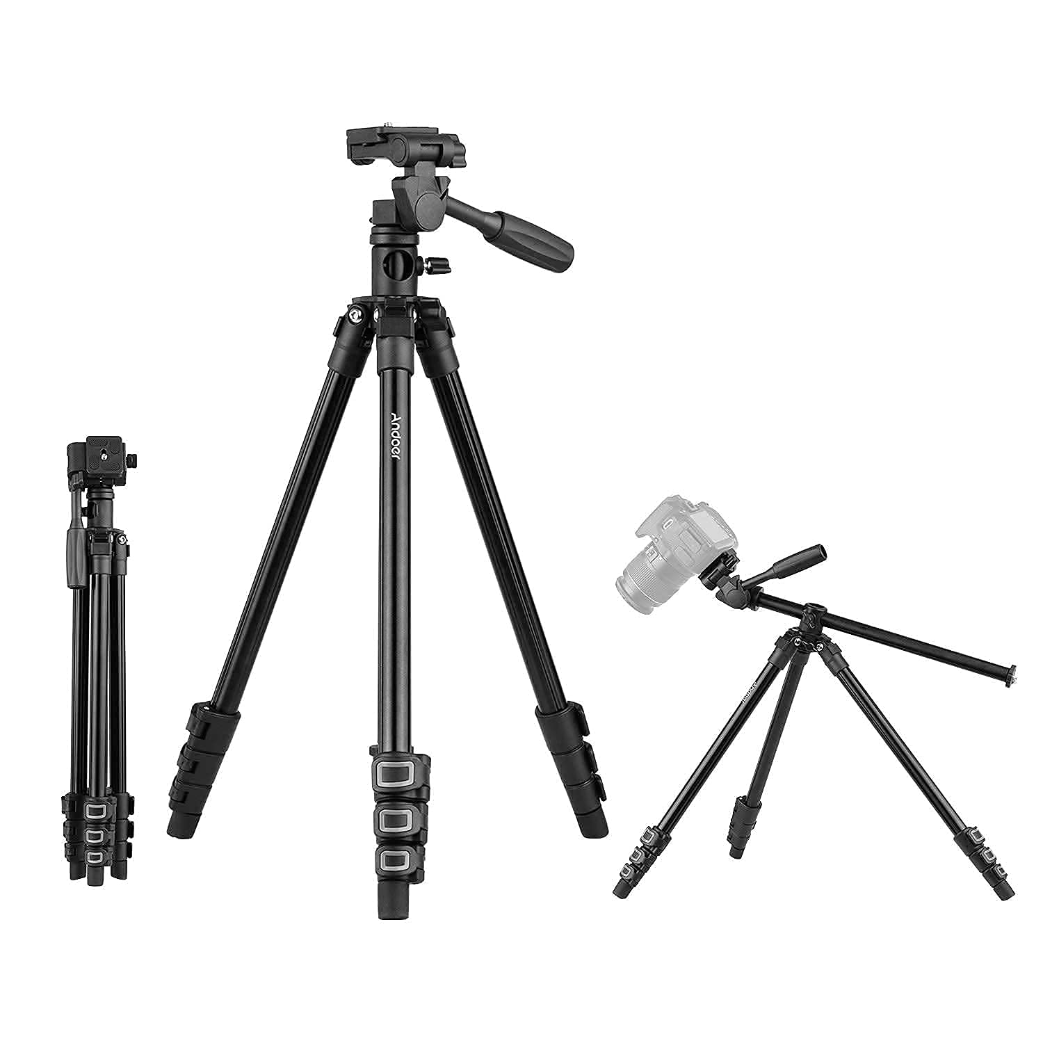 Andoer Q160HA profesjonalny statyw wideo poziomy montaż wytrzymały statyw do kamery z 3-drożną głowicą i pochyloną głowicą do kamer DSLR mini projektor kompatybilny z Canon Nikon Sony