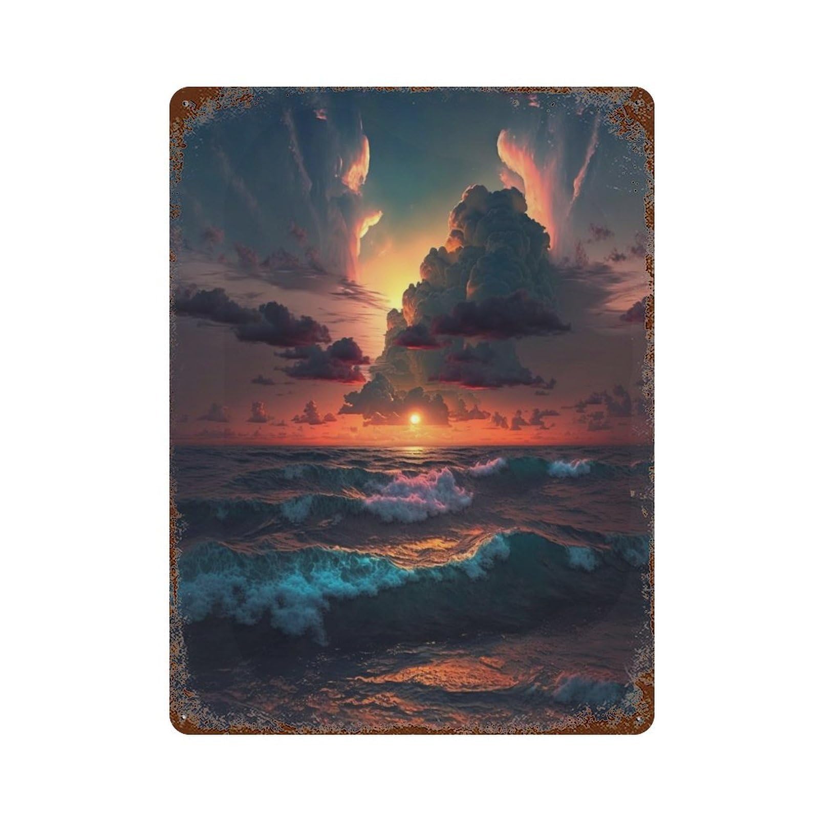 Ocean Sunset Waves-2 15.7"x11.8" Weathered Tin Sign, Shabby Chic Decor for Farmhouse, Kitchen And Entryway Decor