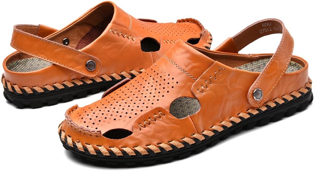 WQINSHOE Men's Fisherman Slippers Close Toe Leather Flat Outdoor Sandal Slip On Beach Shoes Brown 44