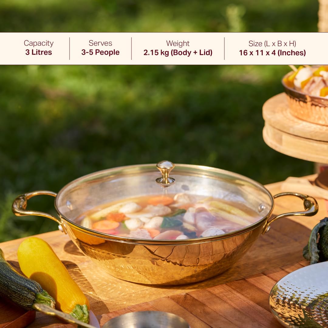 P-TAL Brass Wok With a Lid, Kadhai, Nonstick Wok Pan with a Tin Coating, Non-Toxic Cookware with Ayurvedic Health Benefits, PFOA and PFAS Free (Glass Lid Flat Base)