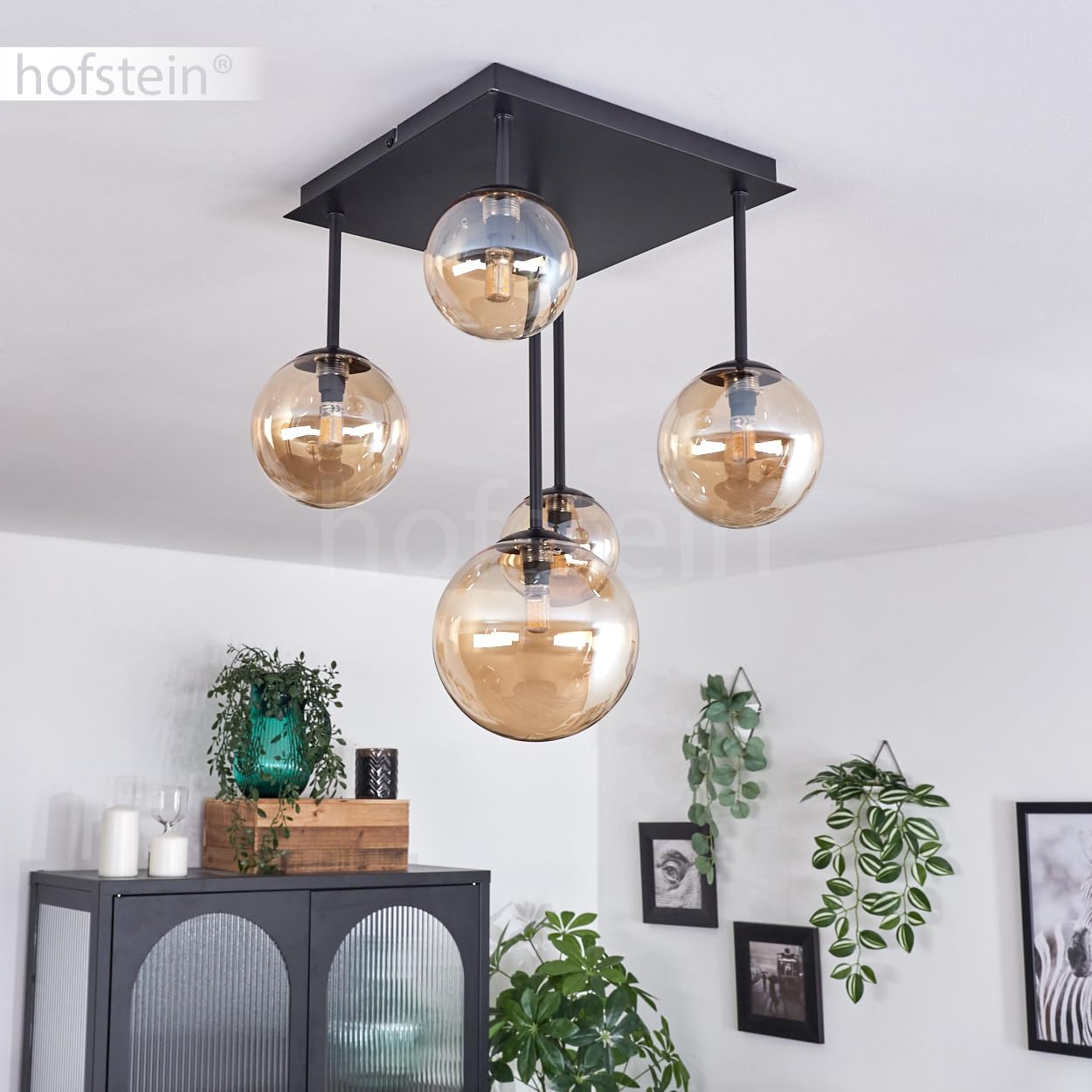 HOFSTEIN Deckenleuchte Chehalis, Deckenlampe aus Metall/Glas in Schwarz/Bernstein, Leuchte im modernen Retro/Vintage-Design mit Schirmen aus Glas (Ø 10, 12, 15 cm), 5 x G9, ohne Leuchtmittel