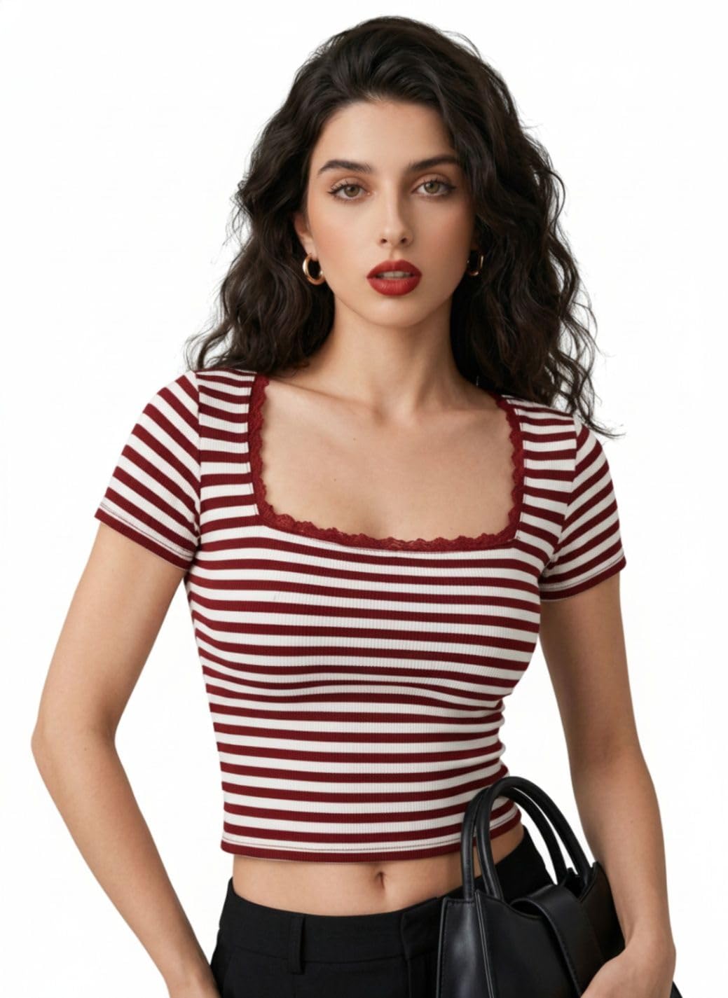 istyle can Women's Striped Ribbed Square Neck Lace Trim Crop Top, Short Sleeve Casual Top-picture-23