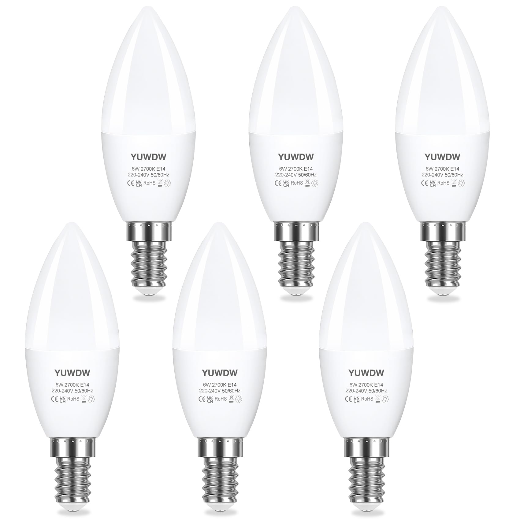YUWDW E14 LED Light Bulb,Warm White 2700K Yellow Light,6W (60 Watts Equivalent) SES LED Candle Bulb,Small Edison Screw Light Bulbs,Energy Saving Candle Light Bulbs,550 Lumen,Non-Dimmable,Pack of 6