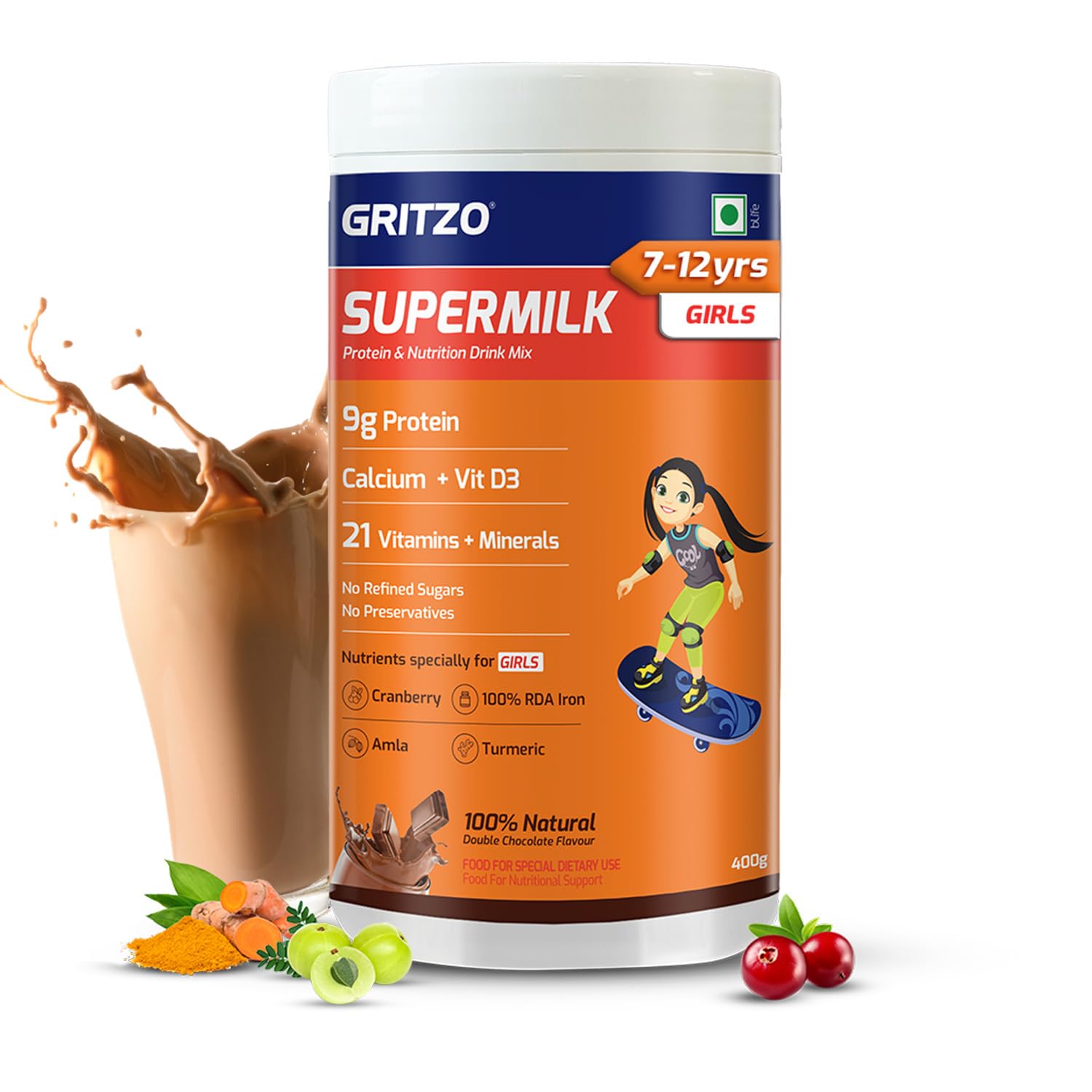 Gritzo SuperMilk Overall Growth (7-12y Girls), 9g Protein (Double Chocolate, 400g) | Zero Refined Sugar, 21 Vitamins & Minerals (B099RR291M) Amazon Price History, Amazon Price Tracker
