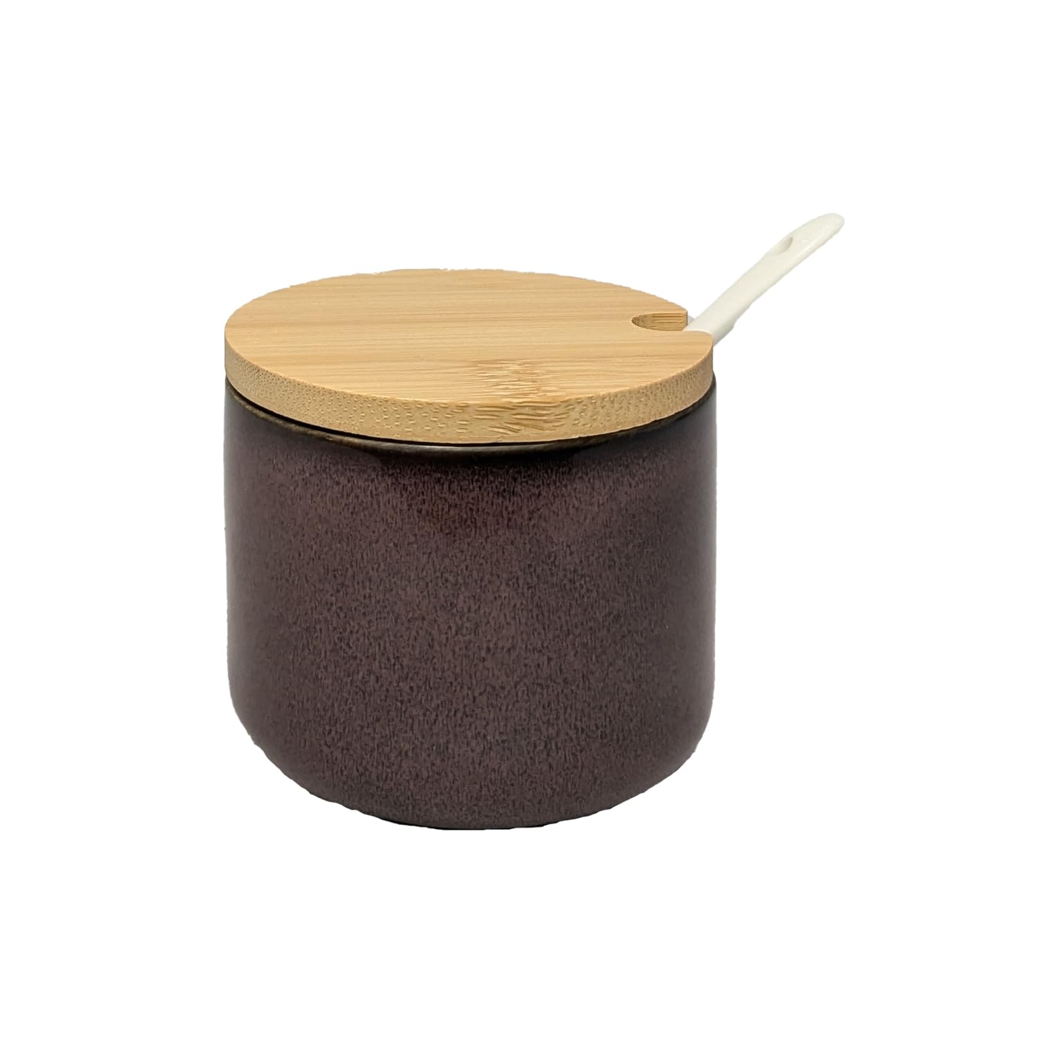 Muvell Keramik Gewürzdose mit Löffel und Deckel, lila, 7 cm hoch, Ø 8,5 cm, für Zucker, Salz, Tee und Gewürze