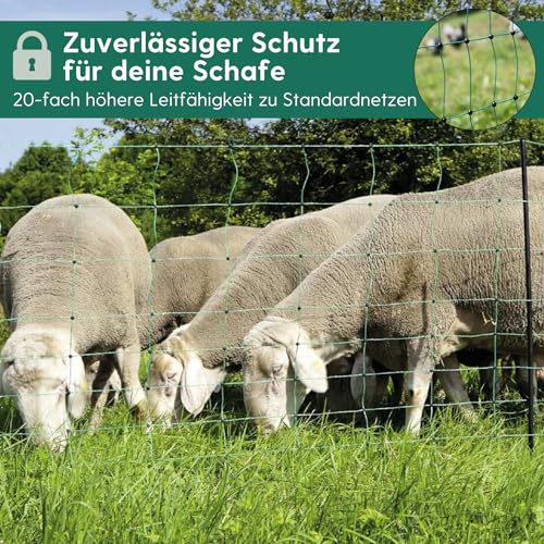 Agrarzone® Schafnetz Schafzaun mit Strom [Grün - 50mx108cm] - Weidezaun Elektro Netz - Mit Doppelspitze & Pfähle - Schutzzaun für Schaf Ziege Lämmer - Elektro Zaun Geflügelzaun Ziegenzaun Schafzäune