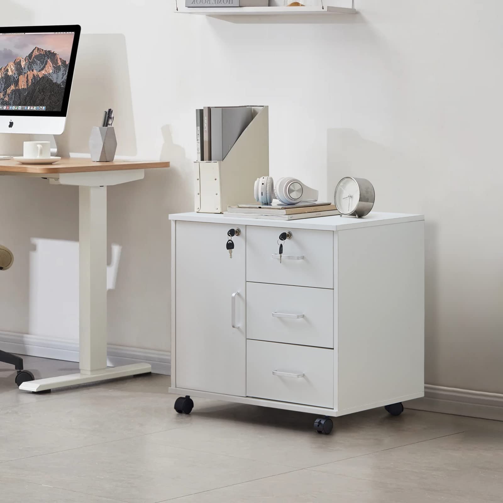 Rollcontainer Aktenschrank aus Holz, Abschließbar Büroschrank mit 3 Schubladen und Tür, Vertikale Büro-Aktenschränke mit Rollen für Büro Arbeitszimmer Wohnzimmer, 40×60×57 cm, Weiß
