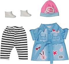 BABY born Deluxe Jeans Kleid, Puppenkleid mit gestreifter Leggings, rosa Mütze und Schunen für 43 cm Puppen, 832585 Zapf Creation