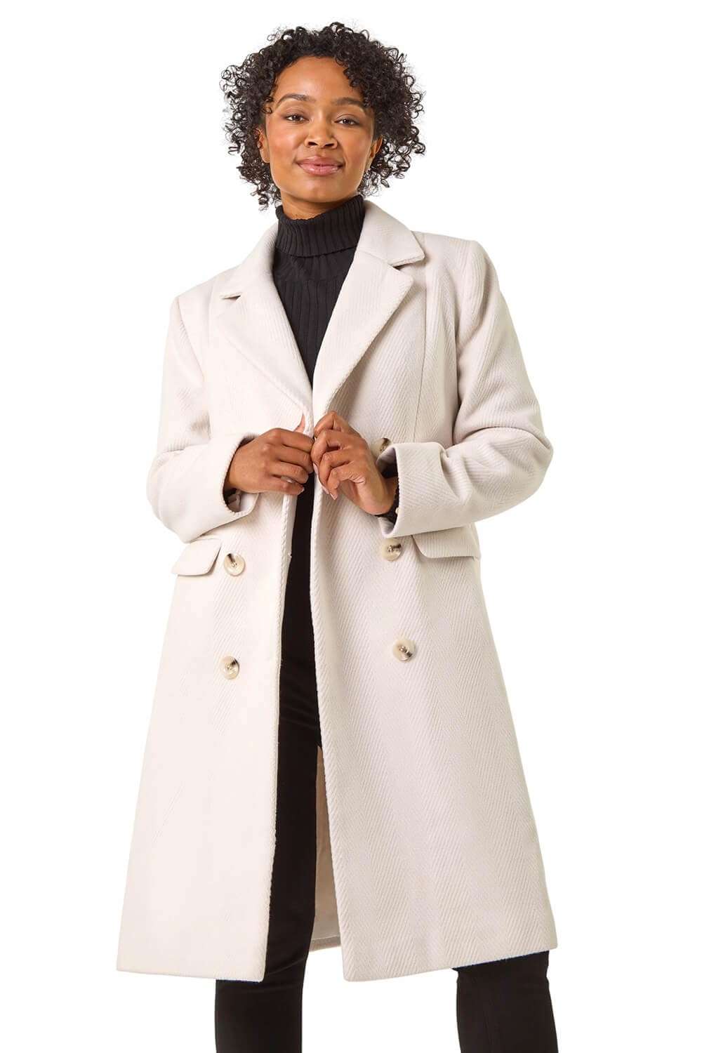 Roman Originals Women's Petite Ivory Roman Petite Double Breasted Coat For Uk - Everyday Autumn Winter Comfy Soft Evening Vacation Work Party Night Out - Size 16