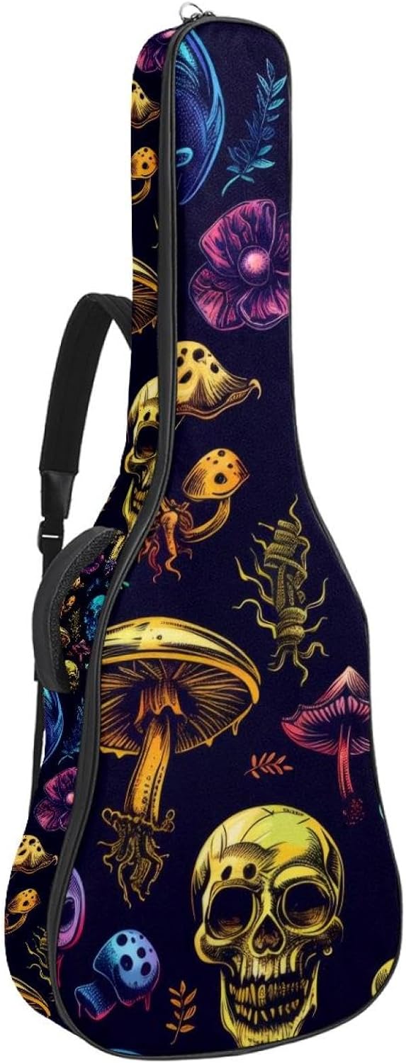 40 41 42 Inch Guitar Bags, Waterproof Padded Acoustic Guitar Case Backpack with Adjustable Shoulder Strap & Pockets, Mushrooms and Skulls