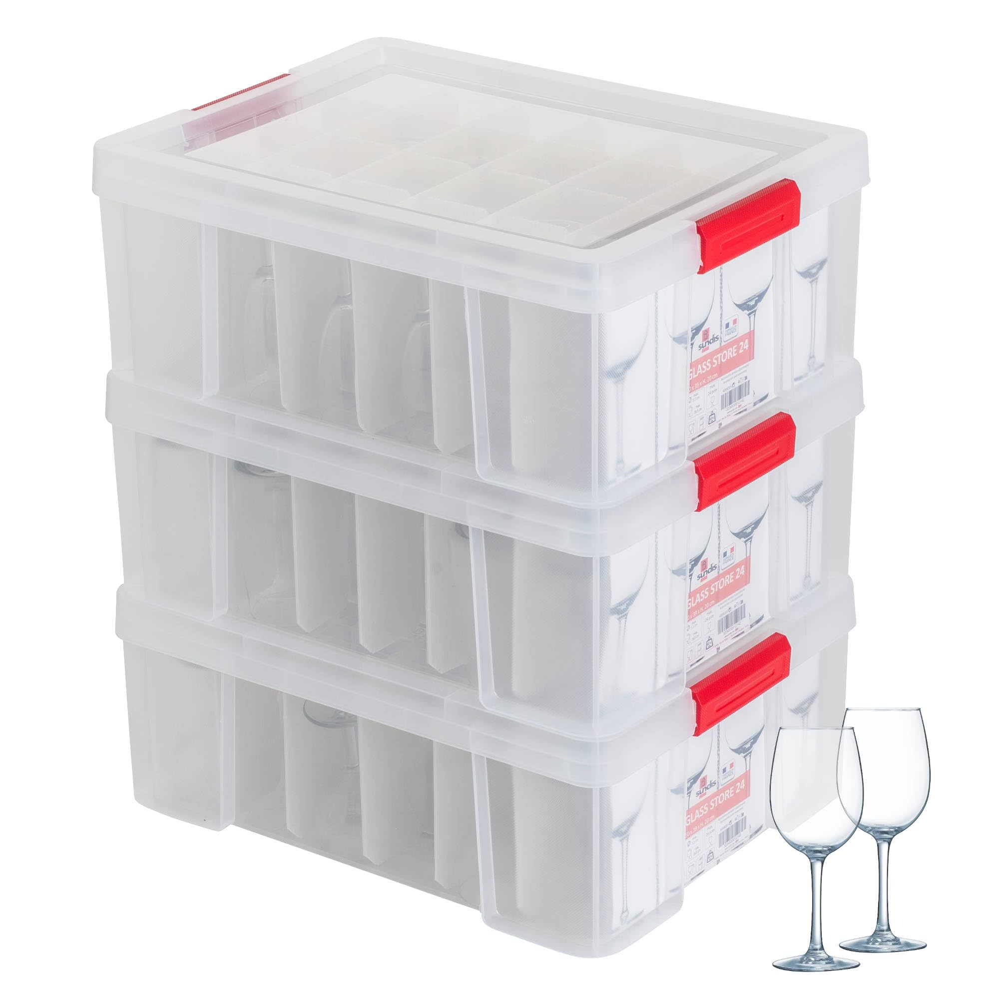 SUNDIS Glass Store, lot de 3 boîtes de rangement pour verres, en plastique transparent, renforcées avec couvercle clipsable, superposables et combinables, capacité 24 verres