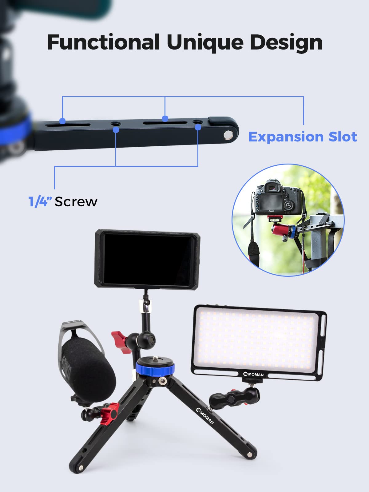 Moman Mini Tripod for Camera, Tabletop Travel Tripods TR01 with 1/4 and 3/8 Screw Mount and Function Leg CNC Aluminum Desktop Tripod for Camcorder Max Payload of 176 Lbs/80Kg, Blue Black