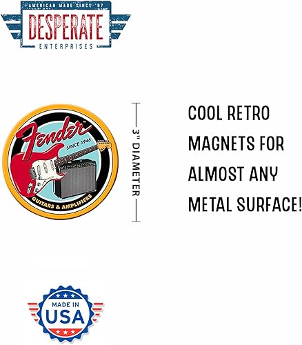 Miniatura 2 de Desperate Enterprises Fender Guitars & Amplifiers - Imán redondo para refrigerador, imanes divertidos para oficina, hogar y escuela, fabricado en