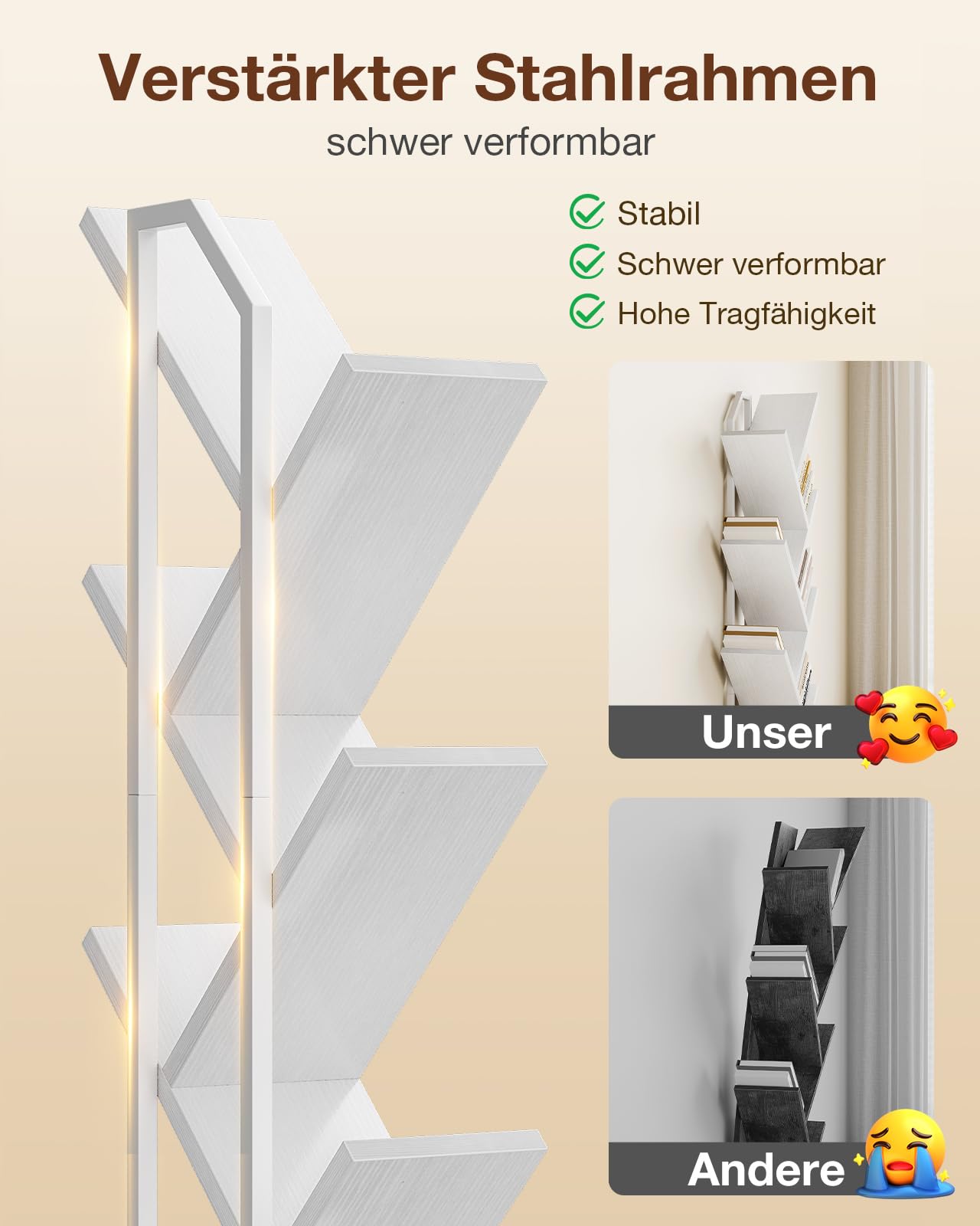 Coleshome Bücherregal im Baumform mit LED-Beleuchtung, Standregal mit 8 Ebenen, Holz Bücherregal für Wohnzimmer & Schlafzimmer, Weiß