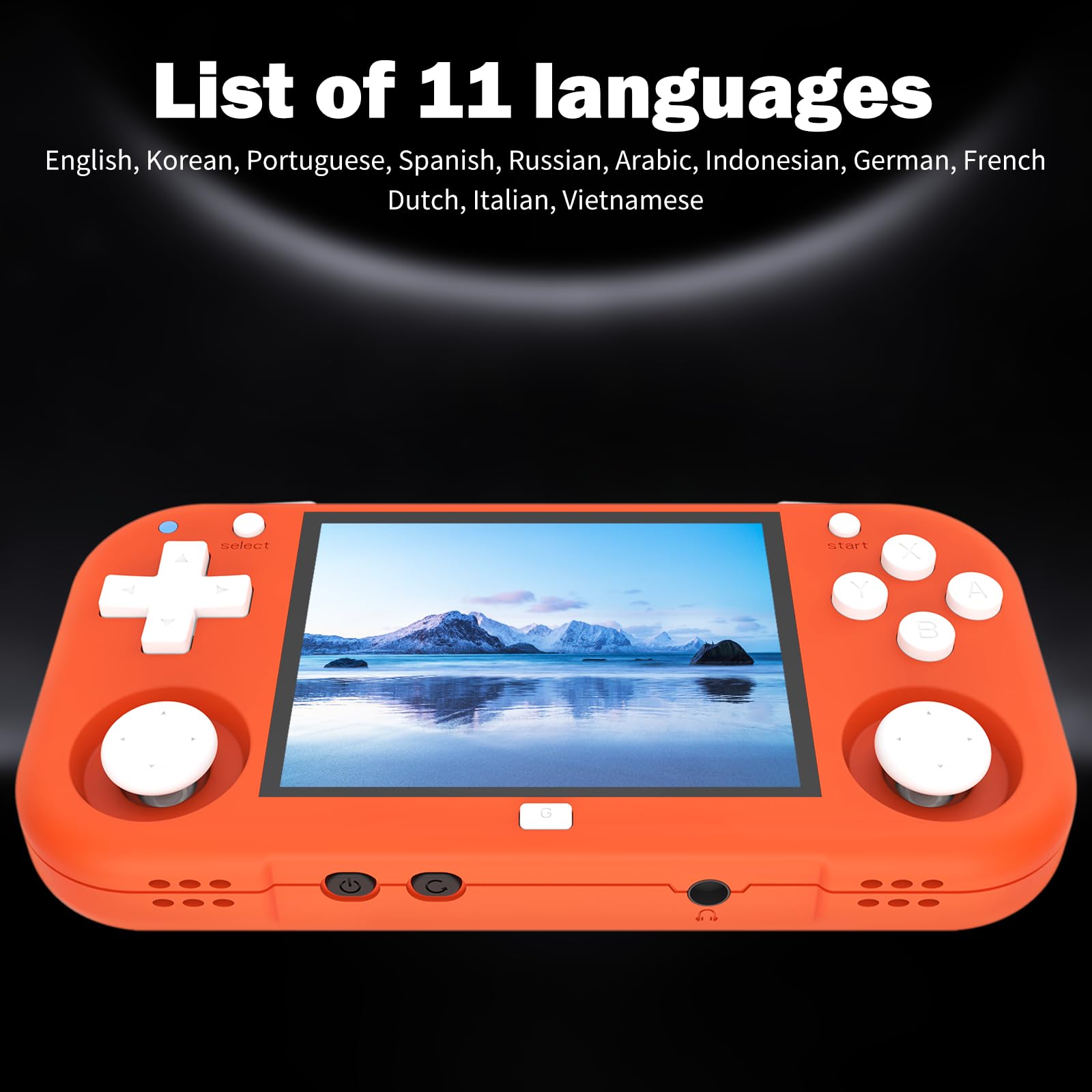 XU Mini M - Consolas de juegos de mano retro, pantalla IPS de 2.8 pulgadas, tarjeta TF de 64 G integrada, con batería de 2600 mAh, duración de 6 horas, color naranja