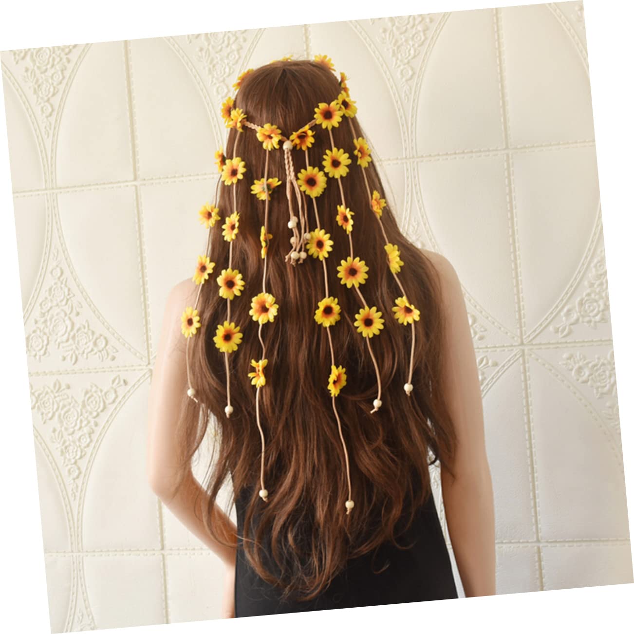 Bandeau Floral Tournesol Réglable en Tissu, Jaune, Tête Femme