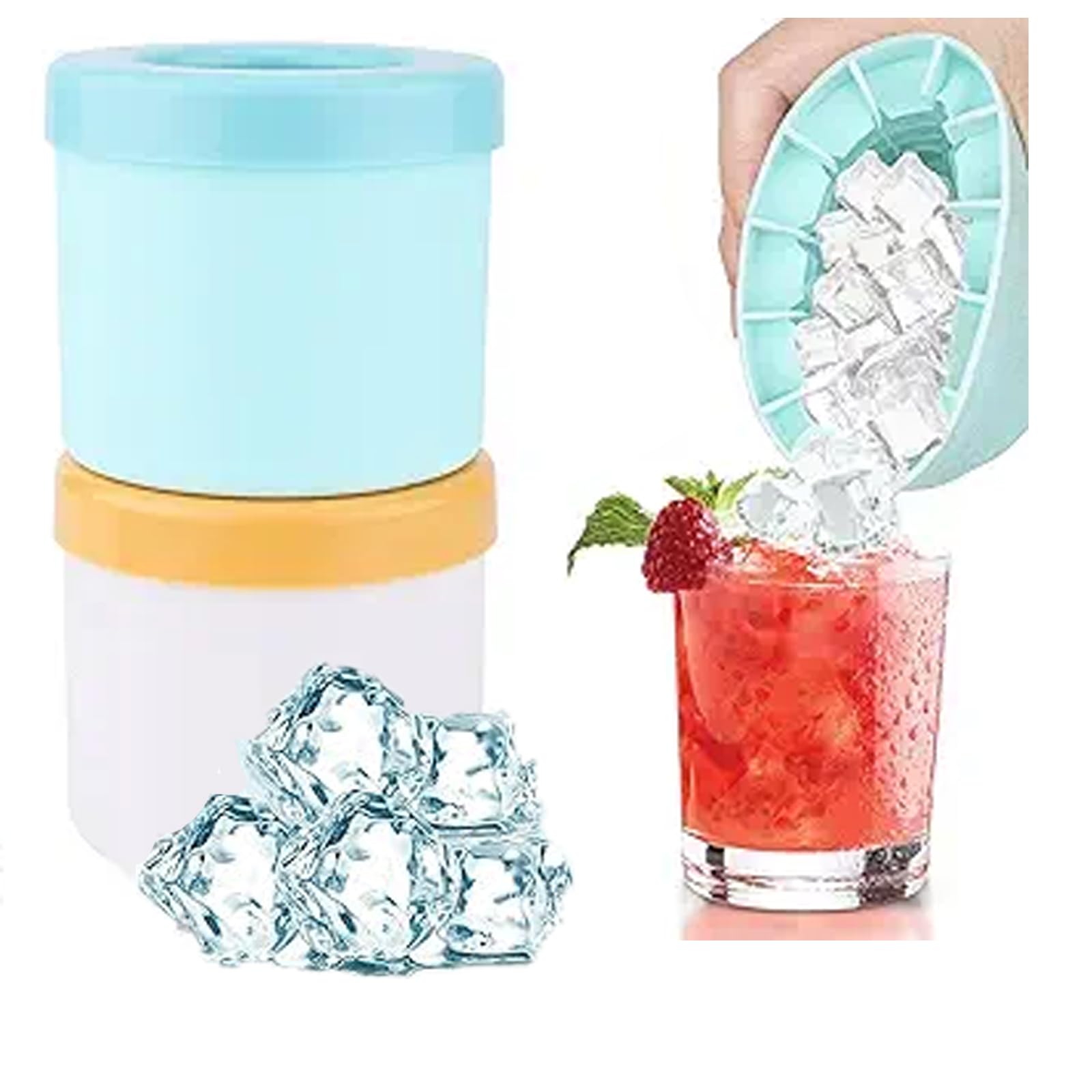 Silicone Small Ice Cube Trays 2-Pack With Lid Cylinder Ice Cubes Mold Easy Release Flexible Molds for 60 Ice Cubes Make Reusable Food Grade Squeeze Easy-Release Mini Ice Maker Cup (Blue and Yellow)