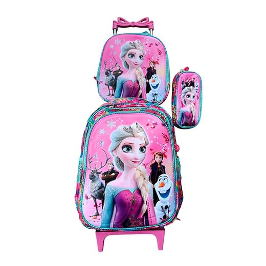Kit Mochila Infantil Feminina Frozen em 3D Alto Relevo com Rodinhas + Lancheira Térmica + Estojo Escolar