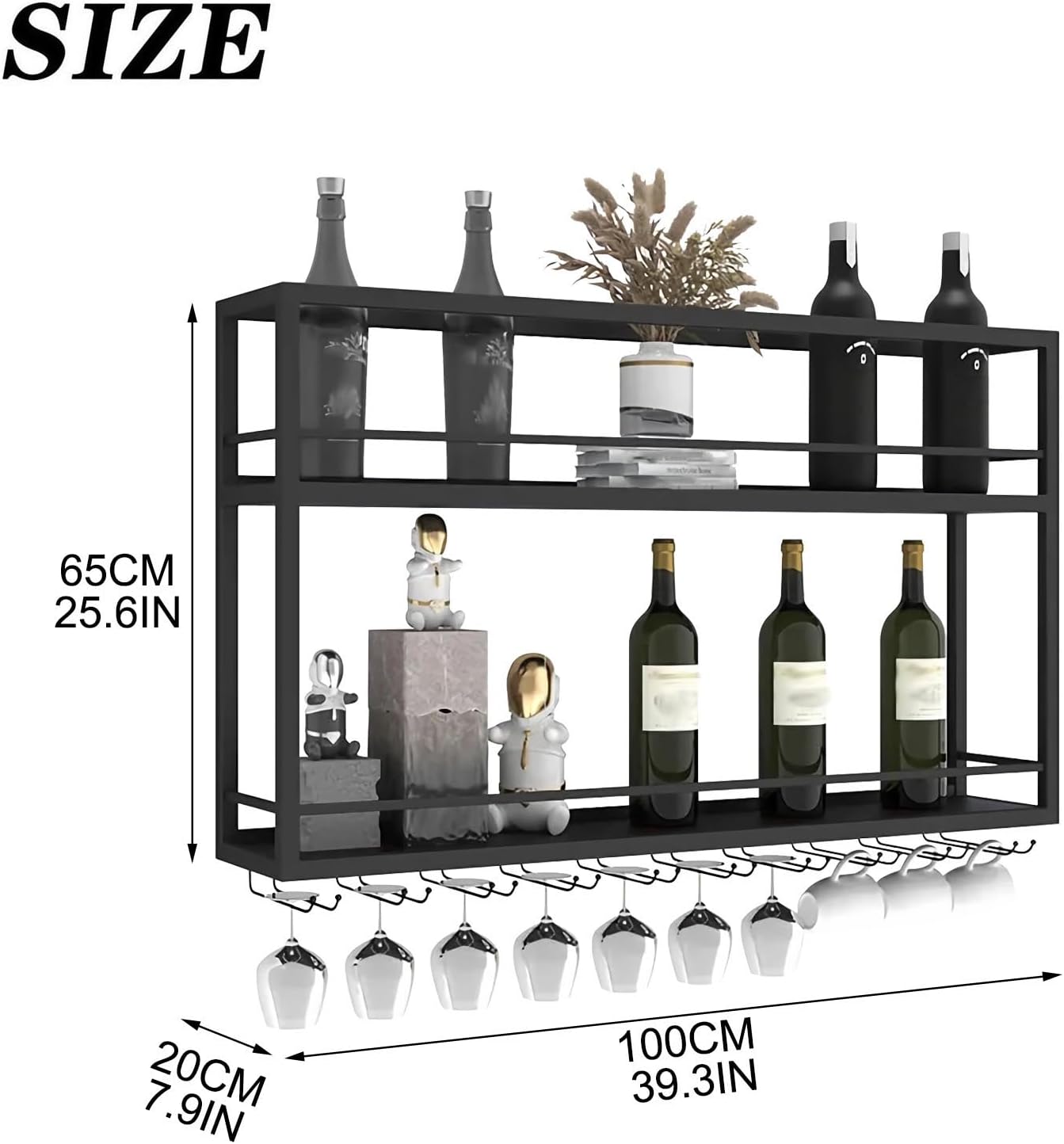 Industrial Wall Mounted Wine Rack, 2-Tier Wood Wine Bottle Shelf with Stemware Rack, Black Wine Glass Rack Multi Functional Wine Storage Display Rack for Home Bar Dining Room Kitchen (39.3×7.8×26in)