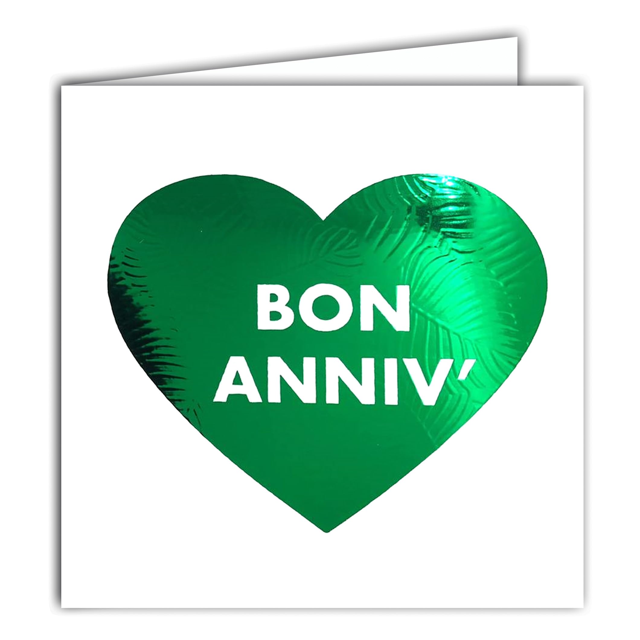 22203 Happy Anniv Birthday Square Card on a Glossy Green Heart with White Envelope 15 x 15 cm – White Interior Card – Creation Edition Print Made in France – Dream of Words Collection