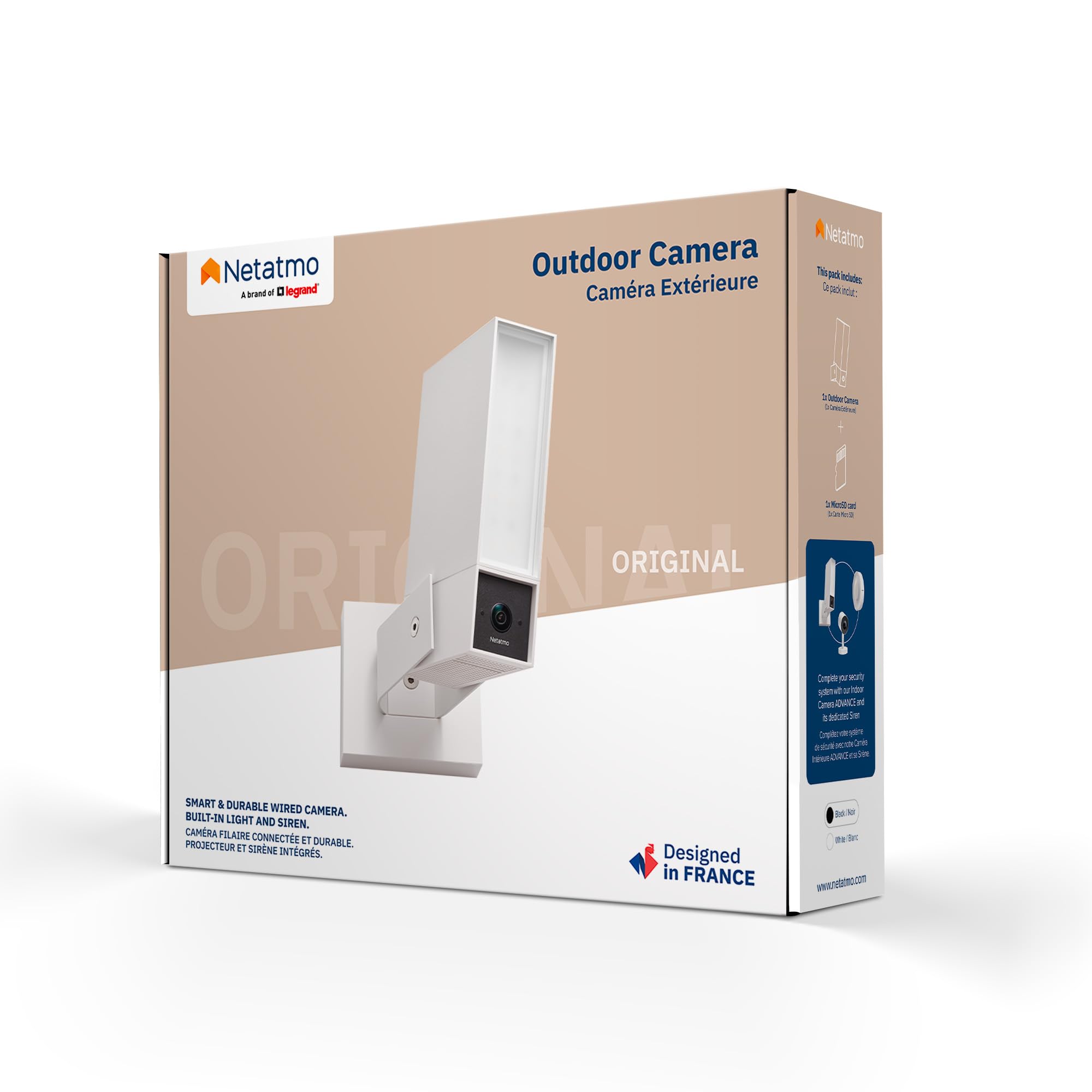 Monitorująca Kamera Zewnętrzna NETATMO, Wi-Fi 5 GHz, 2K HDR, wykrywanie osób pojazdów/zwierząt dzięki AI, reflektor LED 12 W, wbudowany alarm 105 dB, lokalne przechowywanie danych, bez abonamentu, Cza