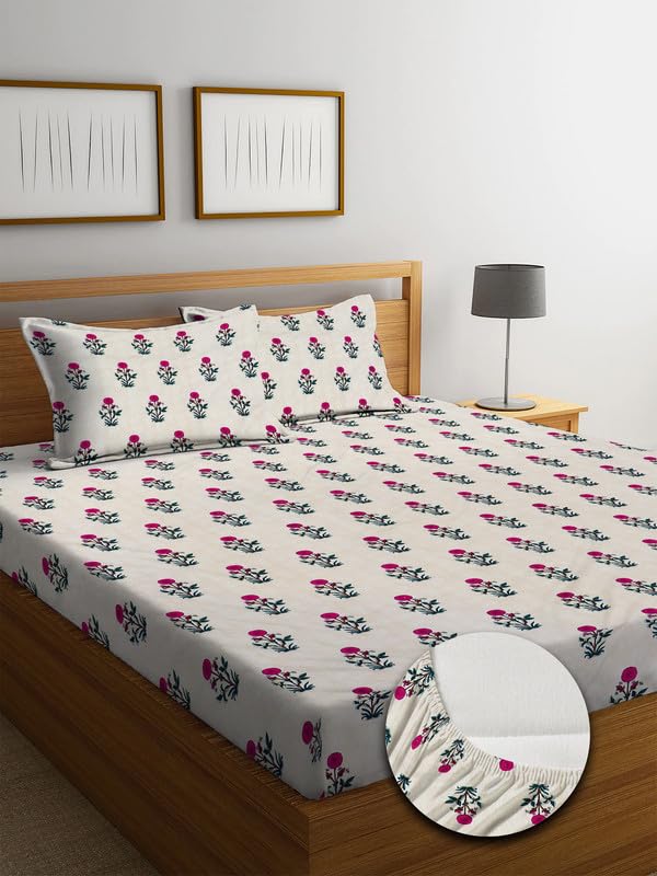 Image of NHD HOME Premium Cotton 220 TC Elastic Fitted Printed Bedsheets with 2 Pillow Covers,Double /King Bed with All Around Elastic Wrinklefree Supersoft Breathable |Size-78 x72+10 inches,White Pink & Black