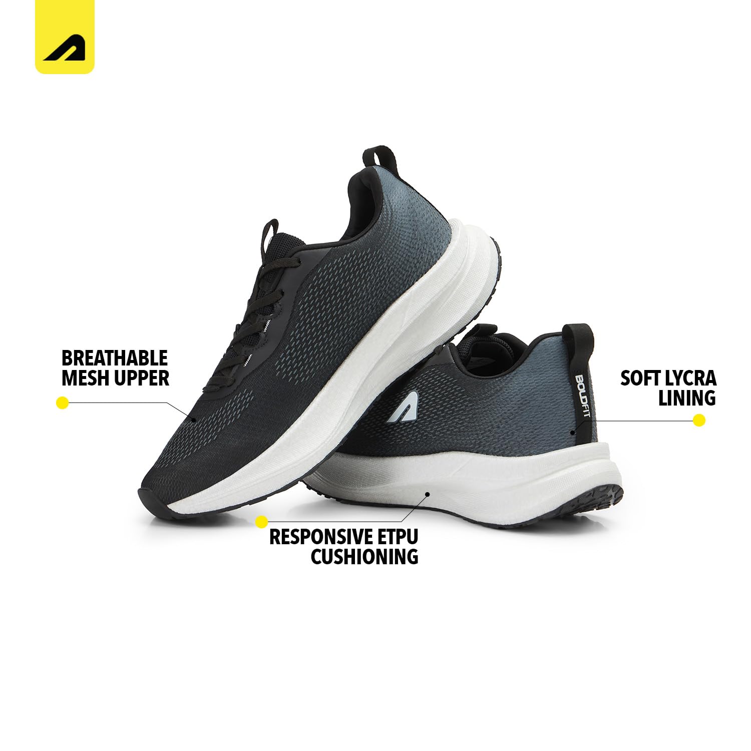 Boldfit Scarpe da corsa da uomo, scarpe sportive da uomo, antiscivolo, con suola morbida, presa extra, scarpe da corsa, jogging, scarpe da ginnastica regolari per uomo, ragazzi e uomini, nero-bianco,